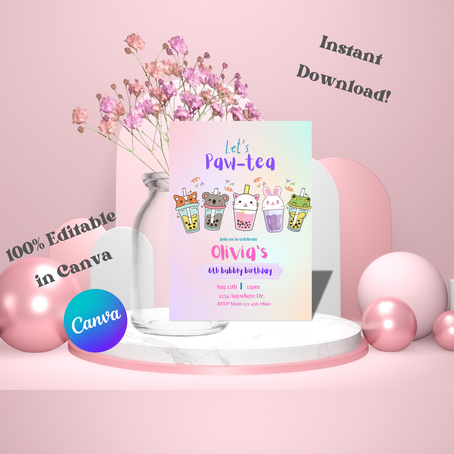 Boba Tea Birthday Invitation, Editable Bubble Tea Party Invite for Kids, Printable Paw-Tea Birthday Template, Instant Download, 5x7