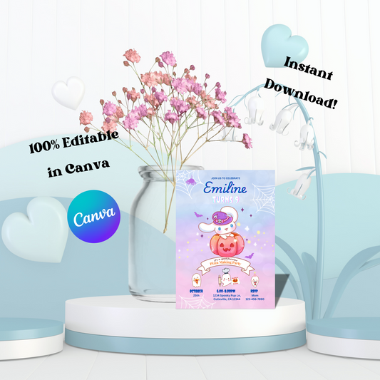 Halloween Cinnamoroll Pizza Party Birthday Invitation, Cute Sanrio Pumpkin Invite, Spooky Kawaii Kids Birthday Party Printable, Editable Template, Instant Download 5x7