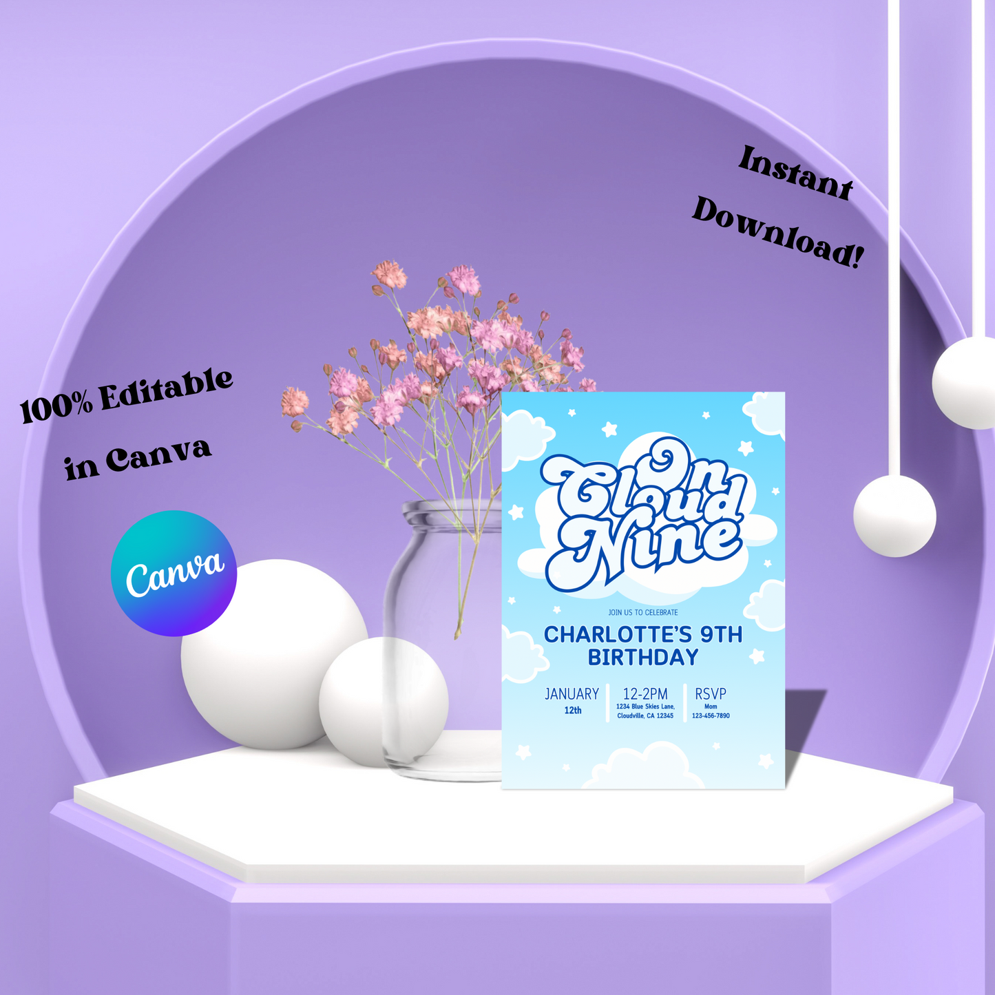 On Cloud Nine Invite Editable, Cute Blue Cloud Party Invitation, Cloud 9 Sleepover Invite Printable 5x7
