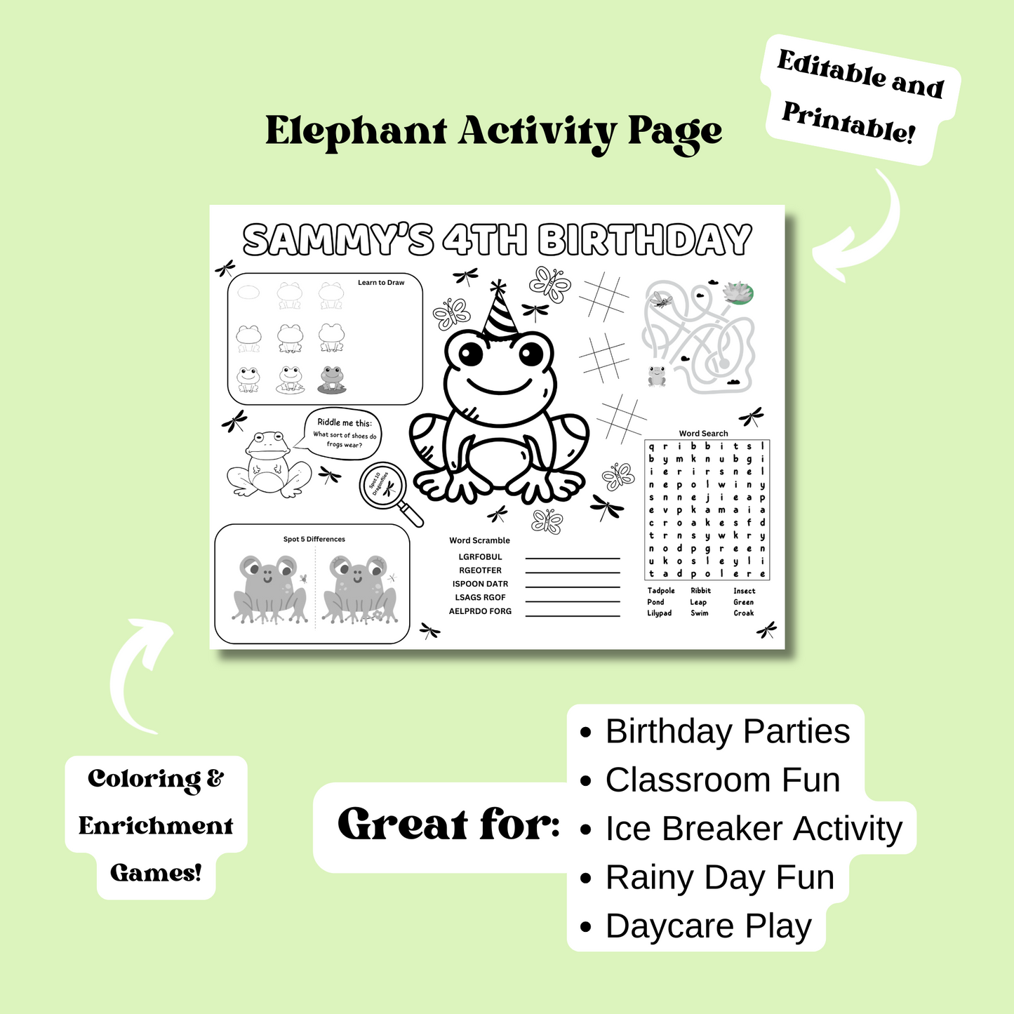 Frog Editable Activity Placemat, Kids Firefighter Birthday Activity Page Template Black & White