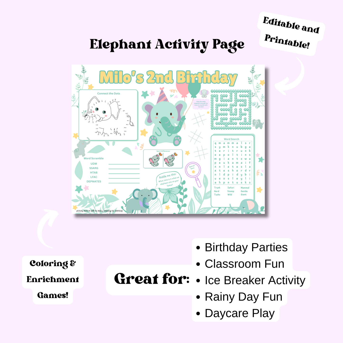 Elephant Editable Activity Placemat, Cute Elephant Birthday Activity Page Template in Color