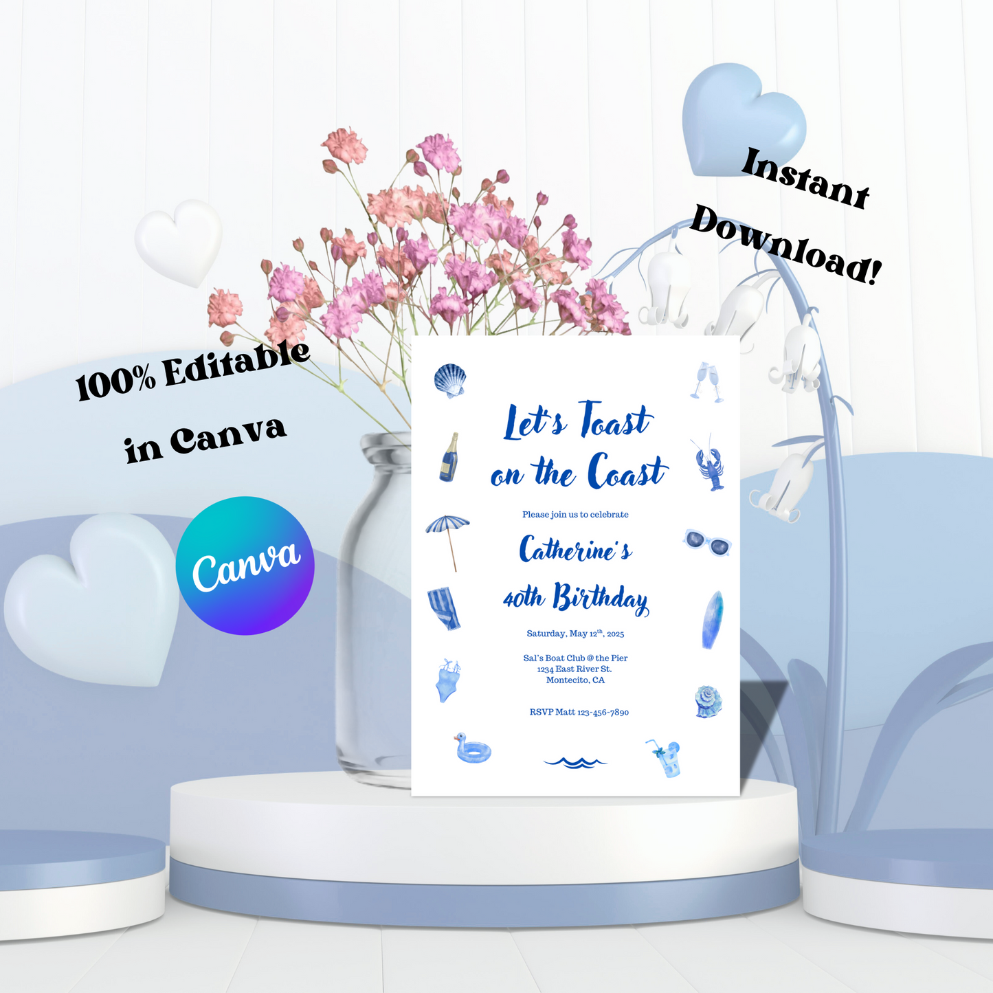 Toast on the Coast! Birthday Invitation, Coastal Bachelorette Party Invite, Editable Beach Party Template, Instant Download
