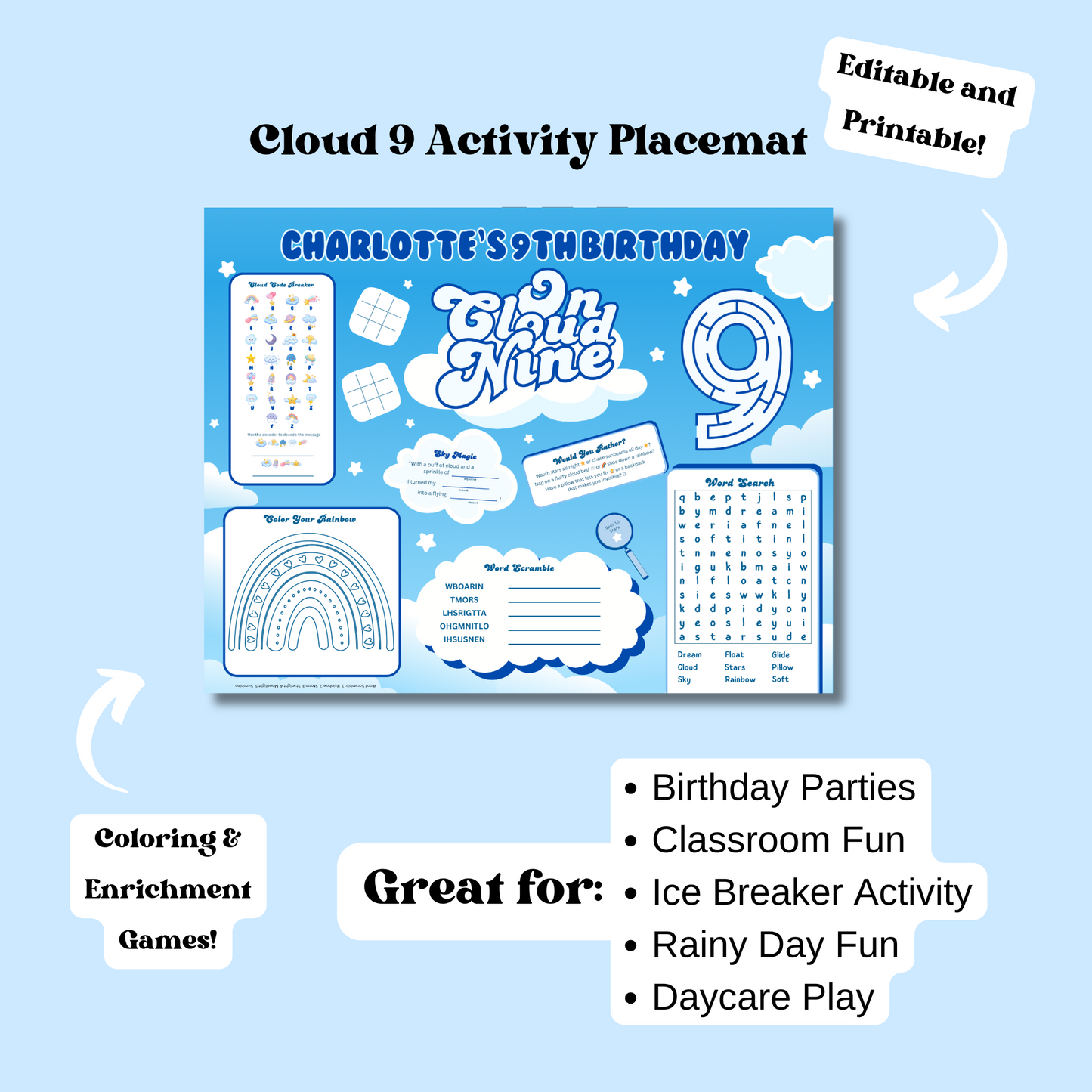 Cloud 9 Birthday Activity Placemat, Editable Cloud 9 Girls Activity Sheet Template, Digital Download In Color