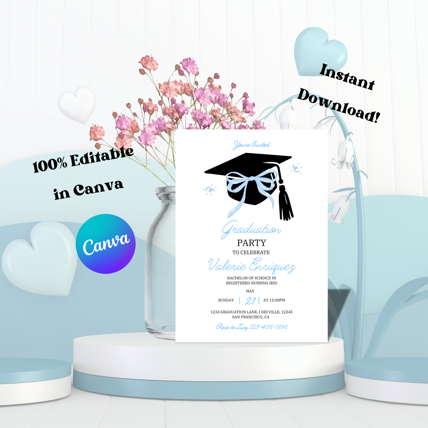 Graduation Invitation, Coquette Grad Cap Invite, Cute Blue Bow College Graduation Party Announcement, Senior Graduation Invite 5x7
