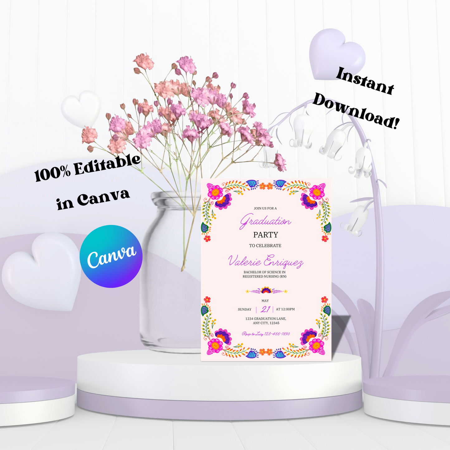 Wildflower Graduation Invite 5x7 Instant Download