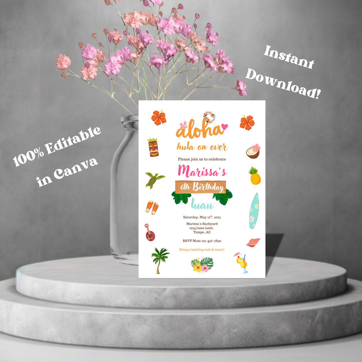 Aloha Luau Birthday Invitation Editable Template, Tropical Luau Birthday Invitation, Hawaiian Themed Party Invite 5x7