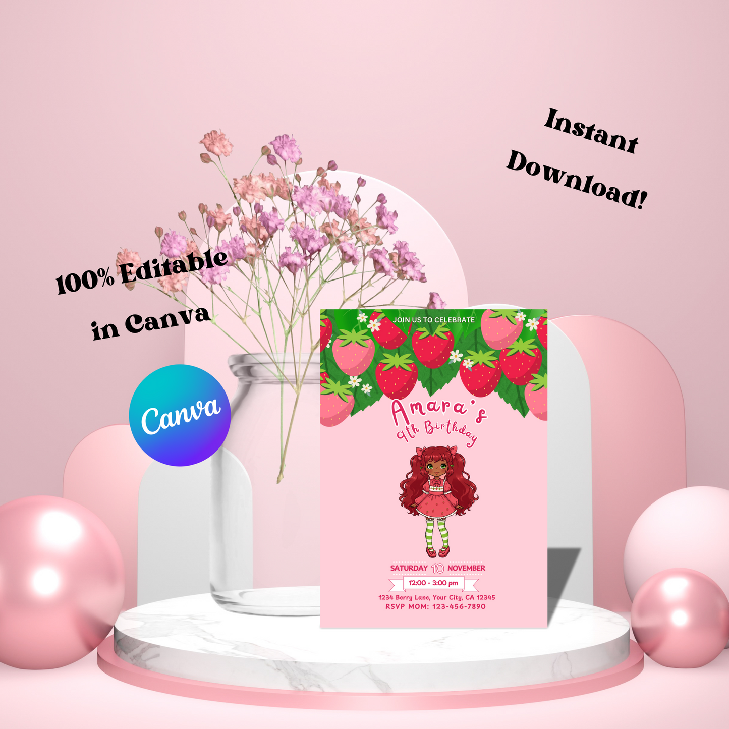 Sweet Berry Princess Editable Birthday Invitation, Kawaii Berry Dirndl Girl Invitation, Instant Download 5x7
