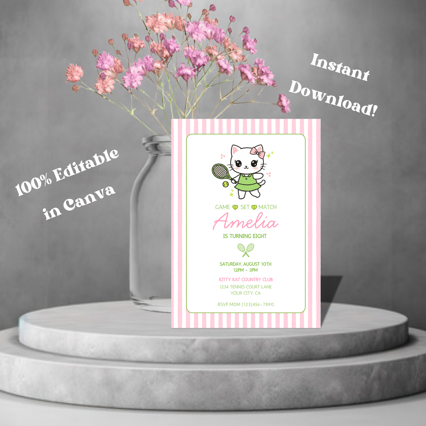 Cat Tennis Editable Birthday Invitation, Kawaii Kitty Tennis Invitation, Preppy Pink & Green Invite, Instant Download 5x7