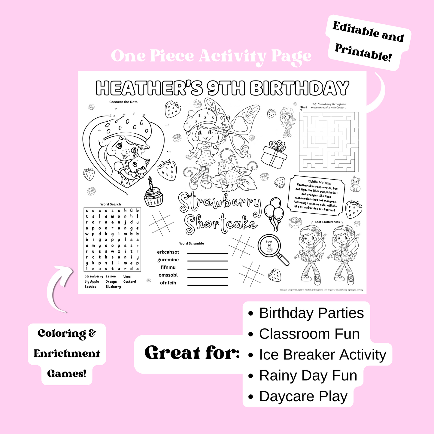 Strawberry Shortcake Editable Activity Placemat Template Black & White
