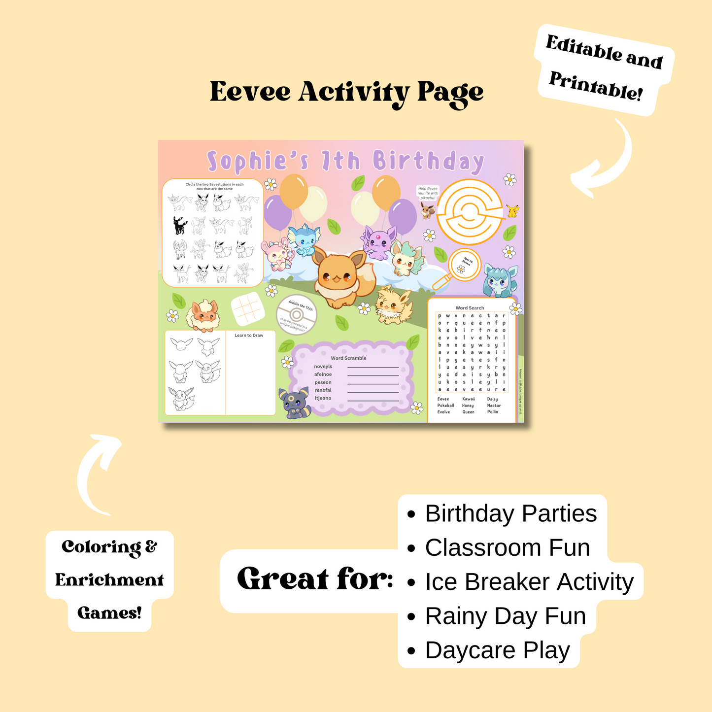 Eeveelution Activity Placemat, Printable Activity Sheet, Kawaii Poke Party Game for Kids, Digital Download In Color