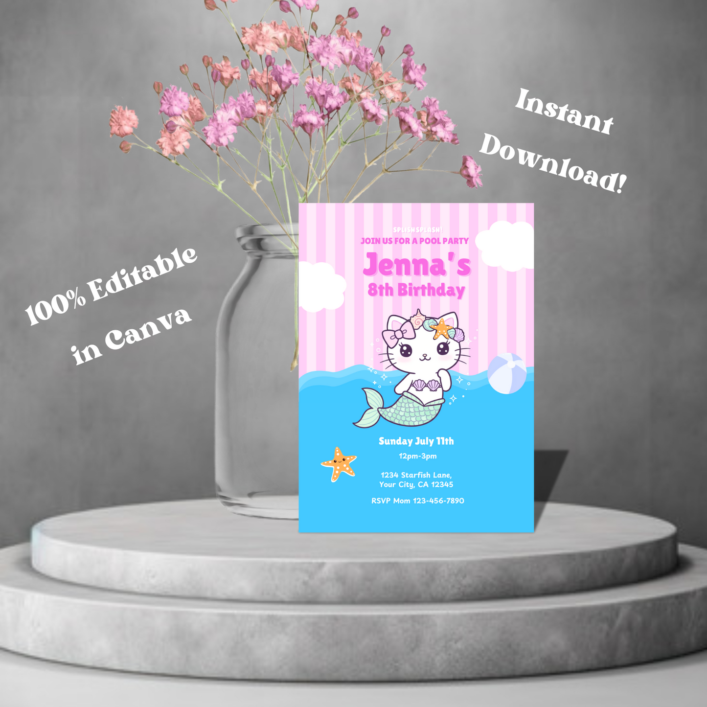 Cat Mermaid Pool Party Invitation, Kawaii Pool Party Invitation, Cute Splish Splash Pool Invite, Instant Download 5x7