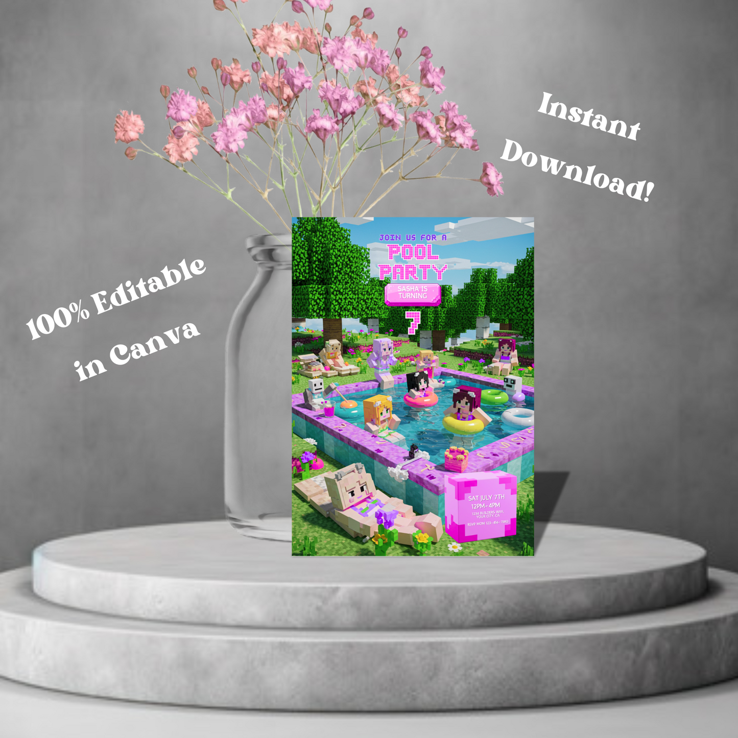 Pixel Pool Party Editable Invitation Template - Minecraft-Inspired Pink Pool Party Invite 5x7, Instant Download