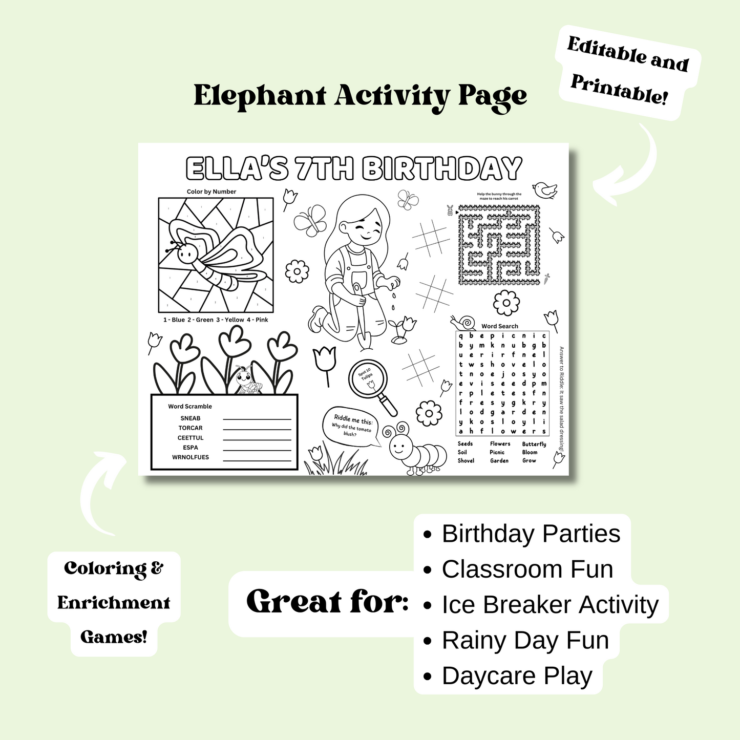 Garden Editable Activity Placemat, Kids Garden Birthday Activity Page Template Black & White