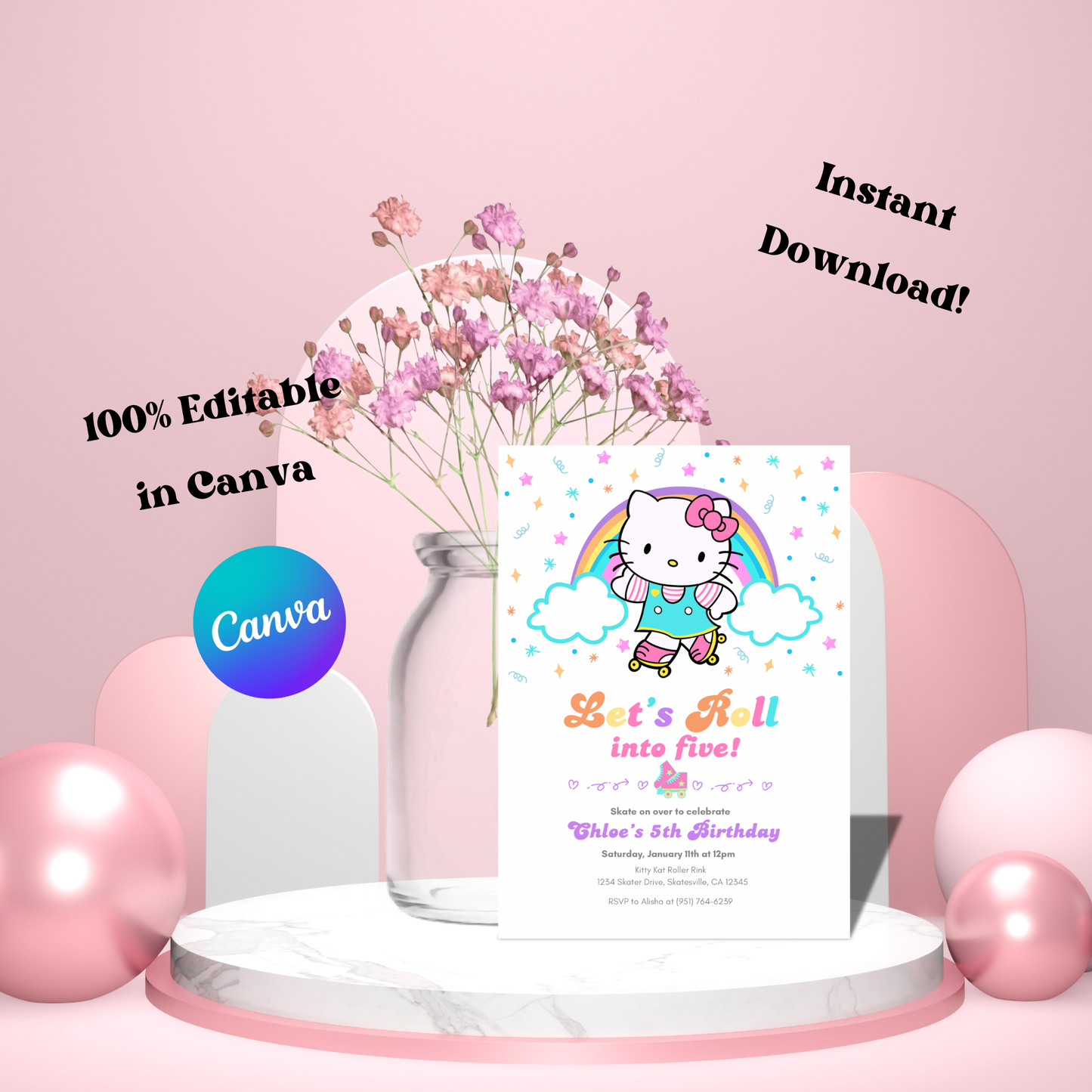 Hello Kitty Let's Roll Roller Skating Birthday Invite Editable | 5x7 | Instant Download
