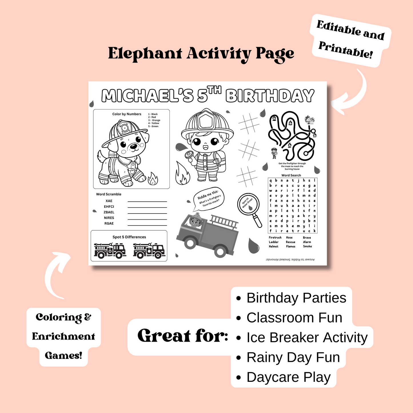 Firefighter Editable Activity Placemat, Kids Firefighter Birthday Activity Page Template Black & White