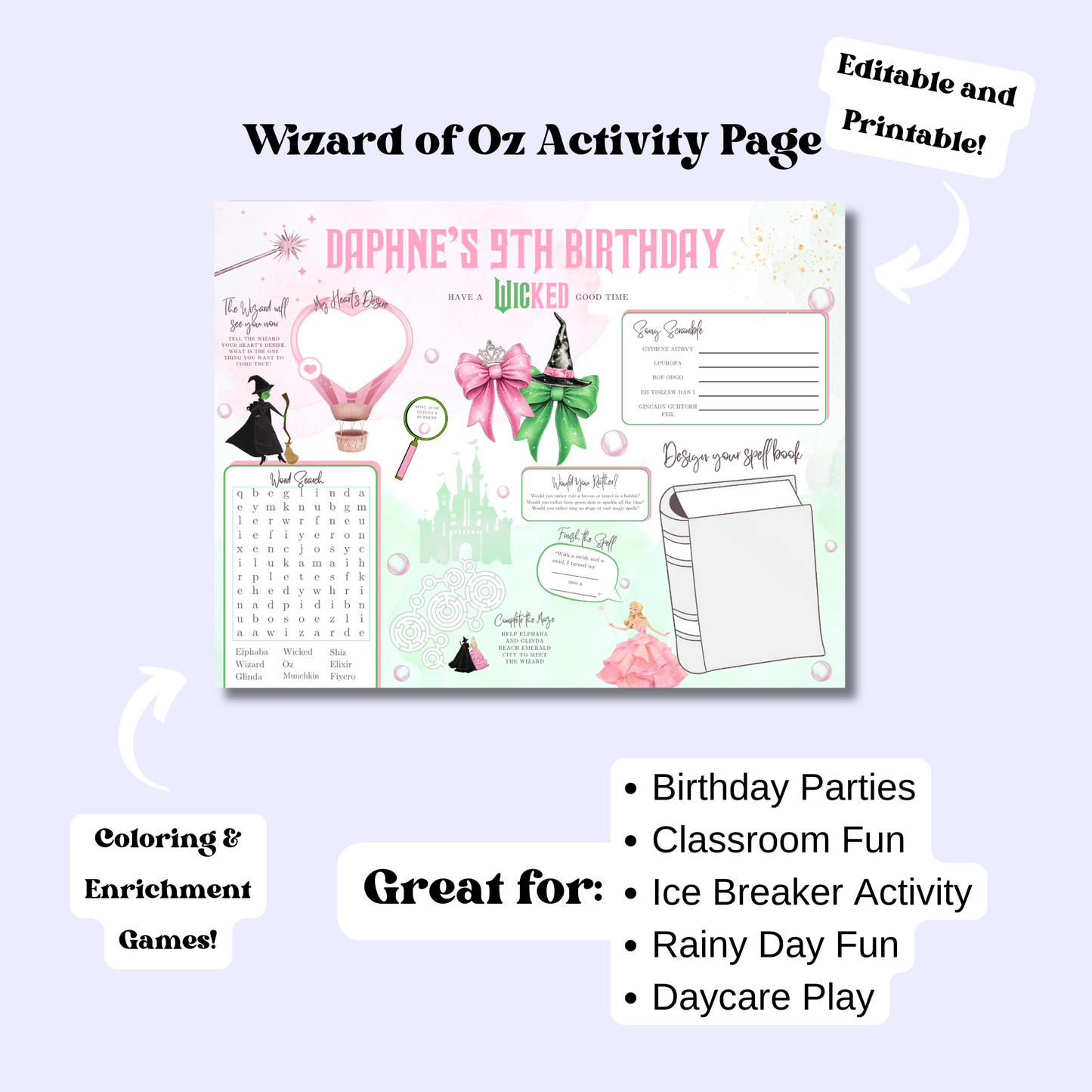 Wicked Themed Activity Placemat, Printable Wicked Party Activity, Oz Coloring Page, Broadway Birthday Party Game, Digital Download In Color