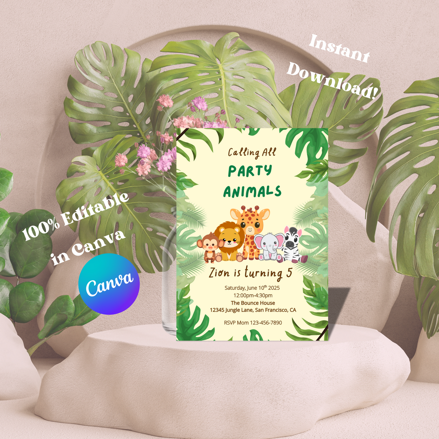 Jungle Animal Birthday Invitation, Editable Safari Party Invite, Wild One Animal Theme Kids Birthday, Party Animals Invite Instant Download