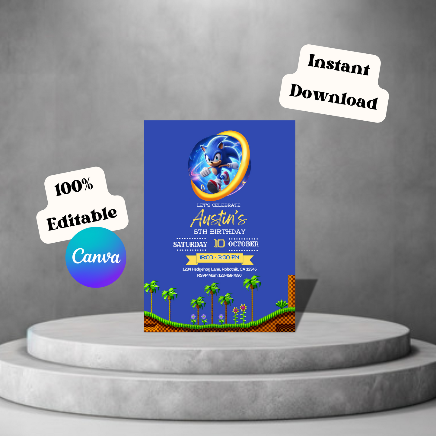 Sonic Birthday Invitation, Video Game Party Invite, Blue Boys Bday Invite, Instant Download, 5x7