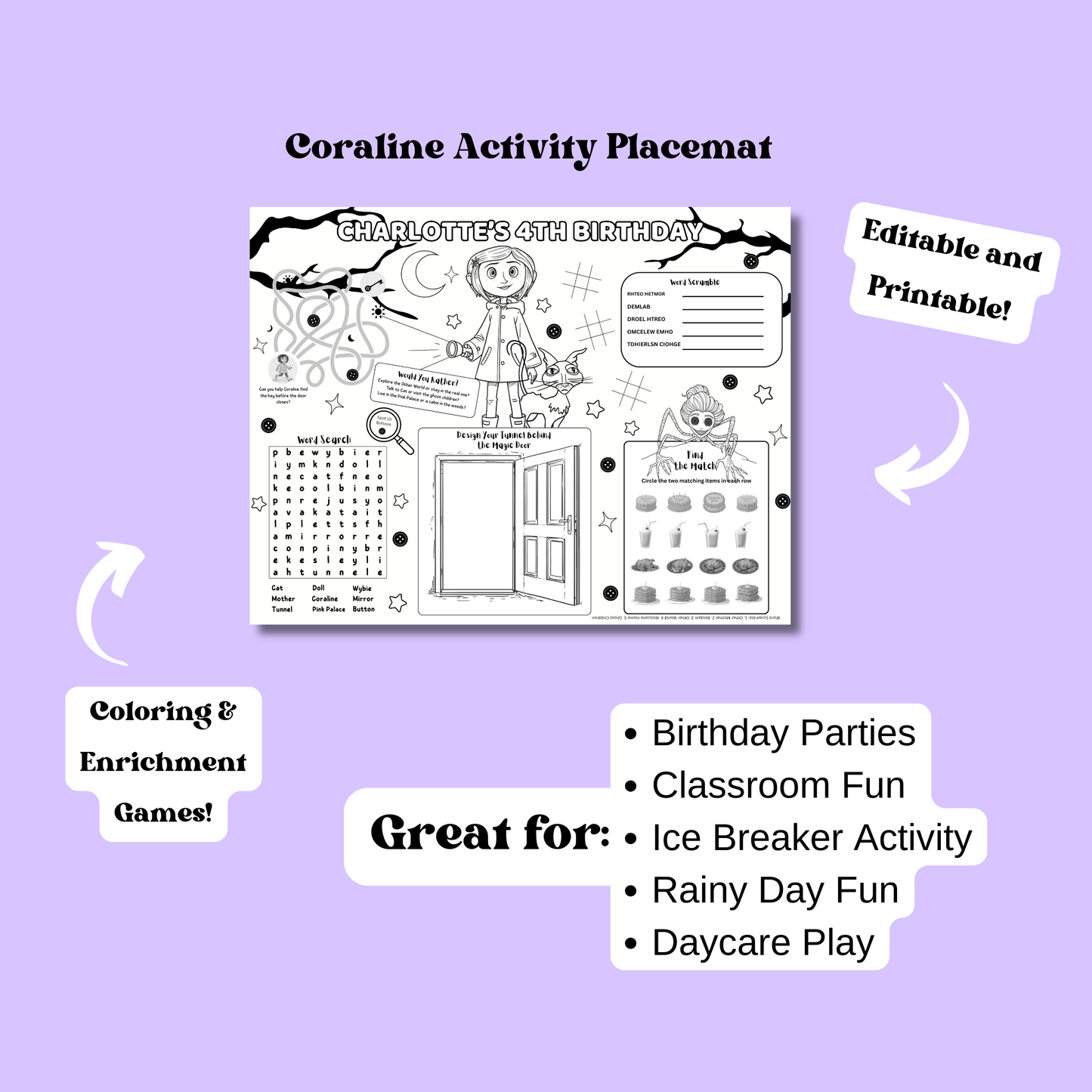 Coraline Editable Activity Placemat Template Black & White