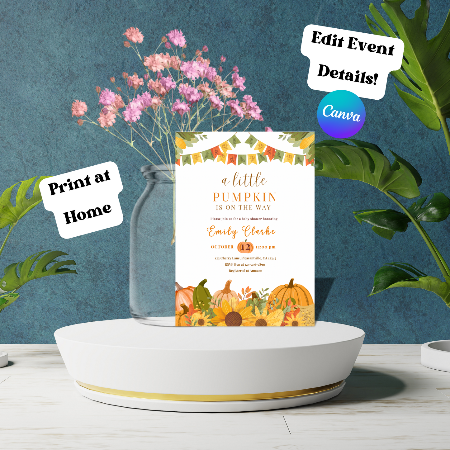 Halloween Pumpkin Baby Shower Invitation, Party Printable, Editable Template, Instant Download 5x7