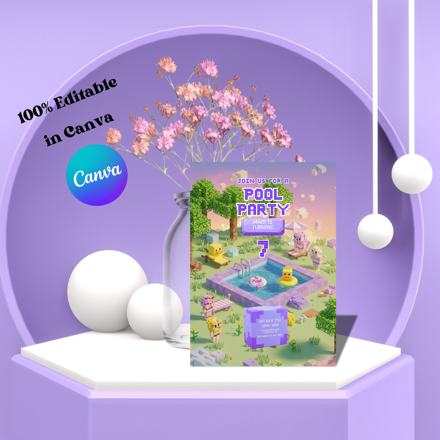 Pixel Pool Party Editable Invitation Template - Minecraft-Inspired Pink Pool Party Invite 5x7, Instant Download (Copy)