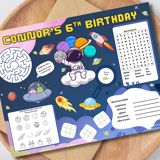 Astronaut Editable Activity Placemat, Birthday Activity Page Template in Color