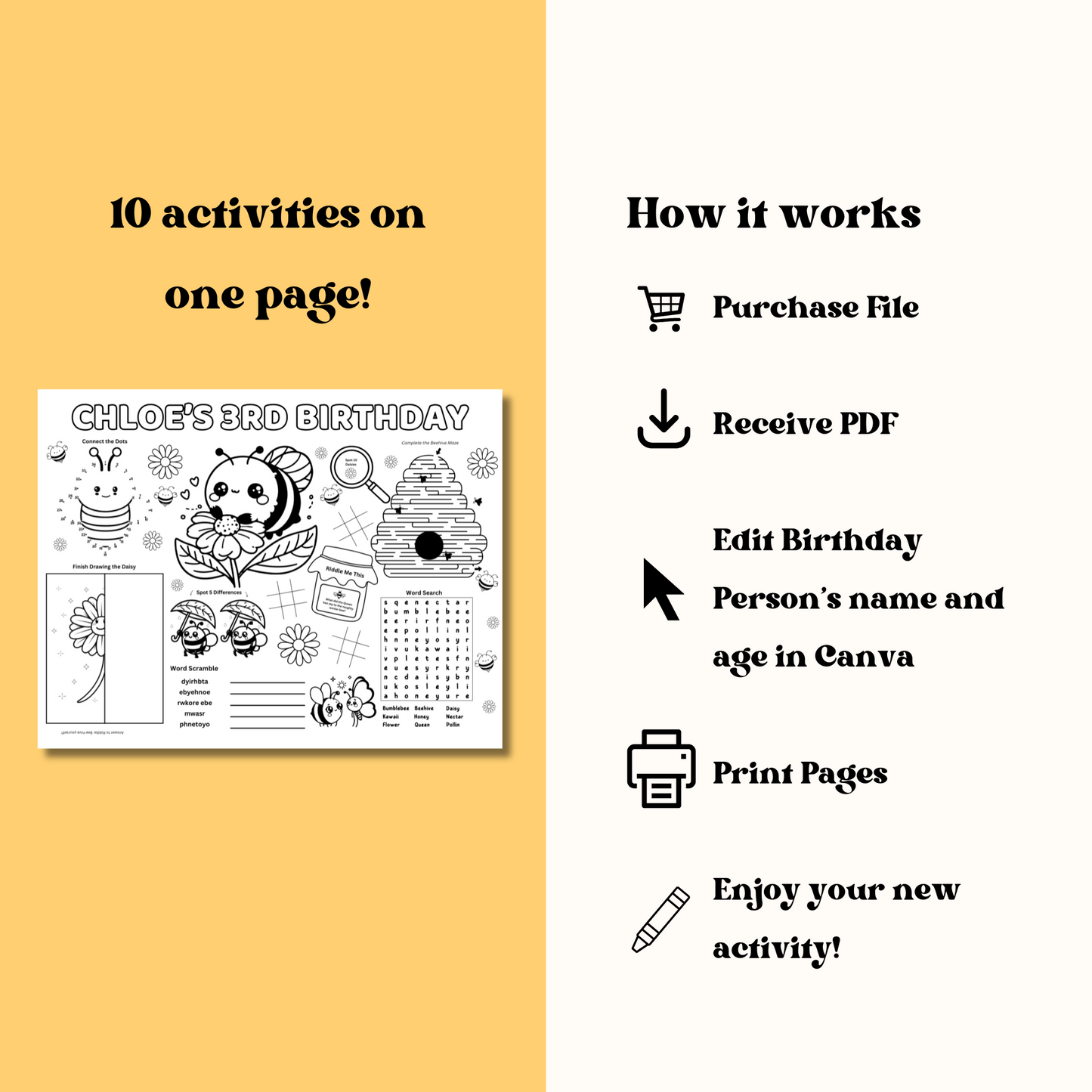 Bee Editable Activity Placemat, Birthday Activity Page Template Black & White