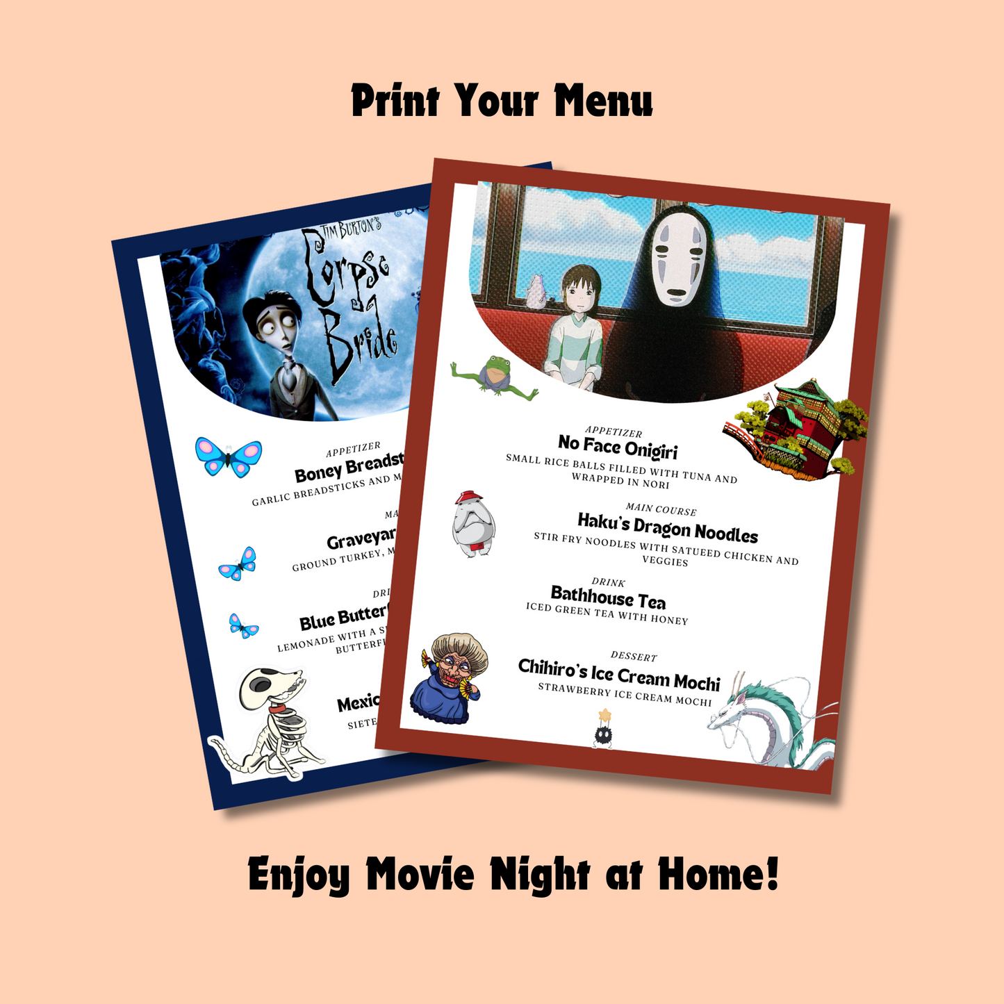 Halloween Dinner and a Movie Night Menus, 30+ Halloween Movie Night Ideas for Family Movie Night, Kid Friendly Editable Menus