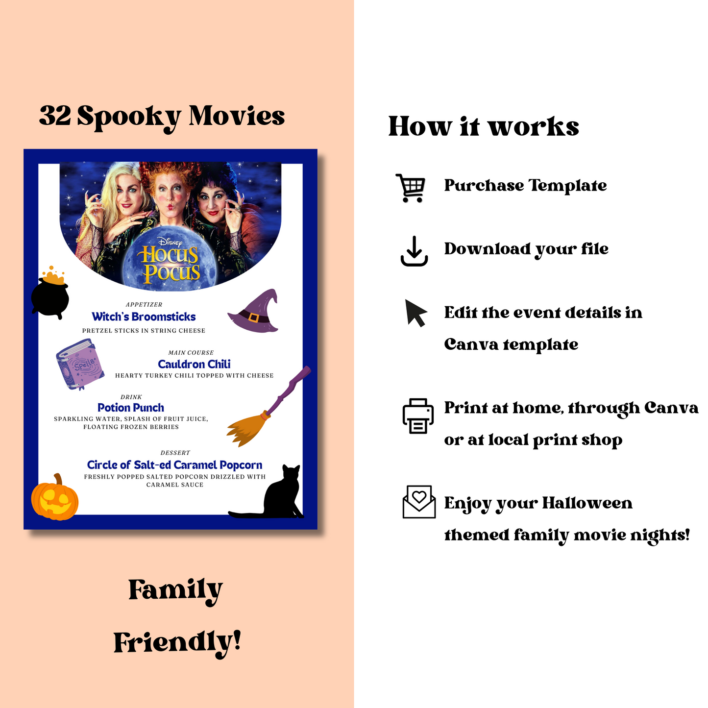 Halloween Dinner and a Movie Night Menus, 30+ Halloween Movie Night Ideas for Family Movie Night, Kid Friendly Editable Menus