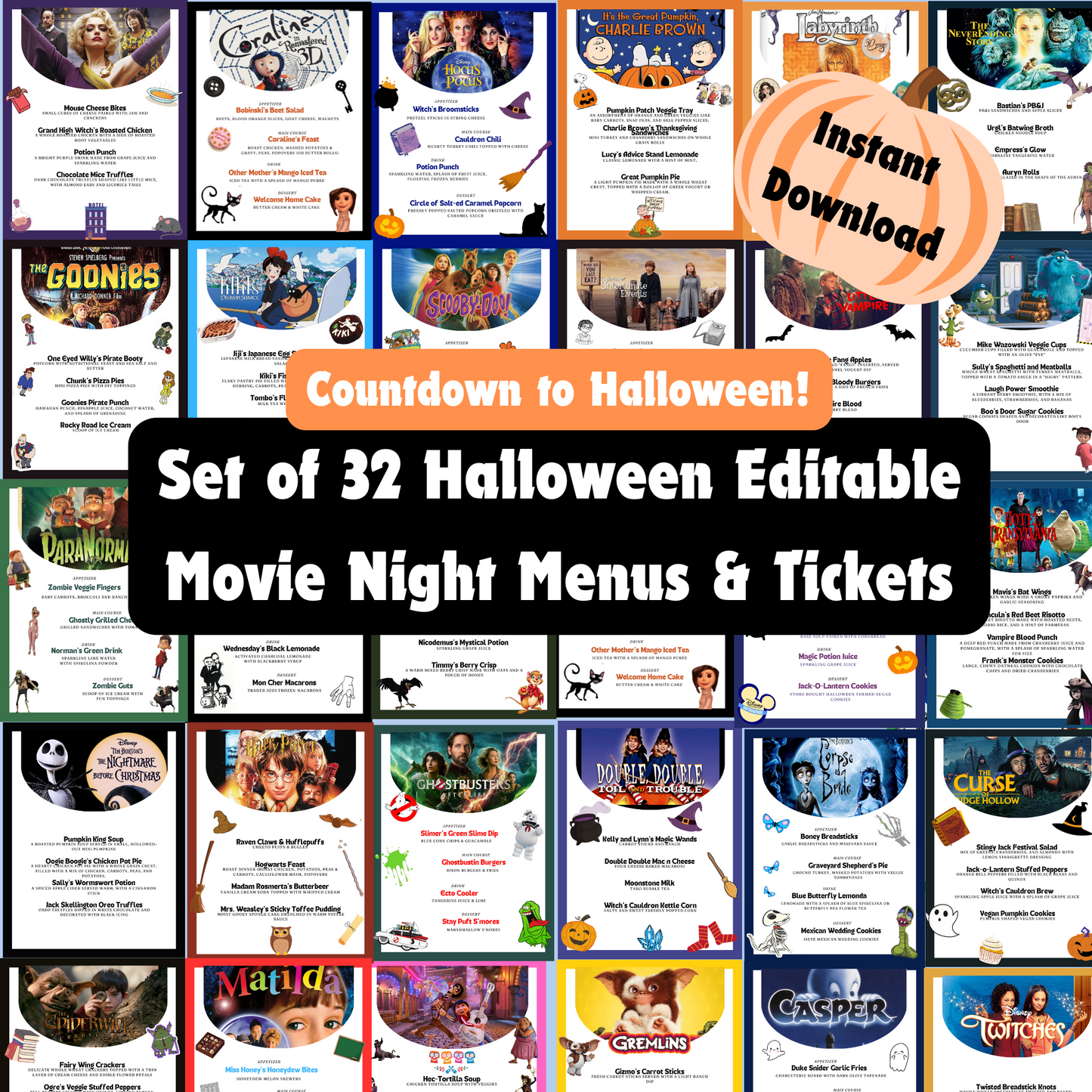 Halloween Dinner and a Movie Night Menus & Tickets, 30+ Halloween Movie Night Ideas for Family Movie Night, Kid Friendly Editable Menus