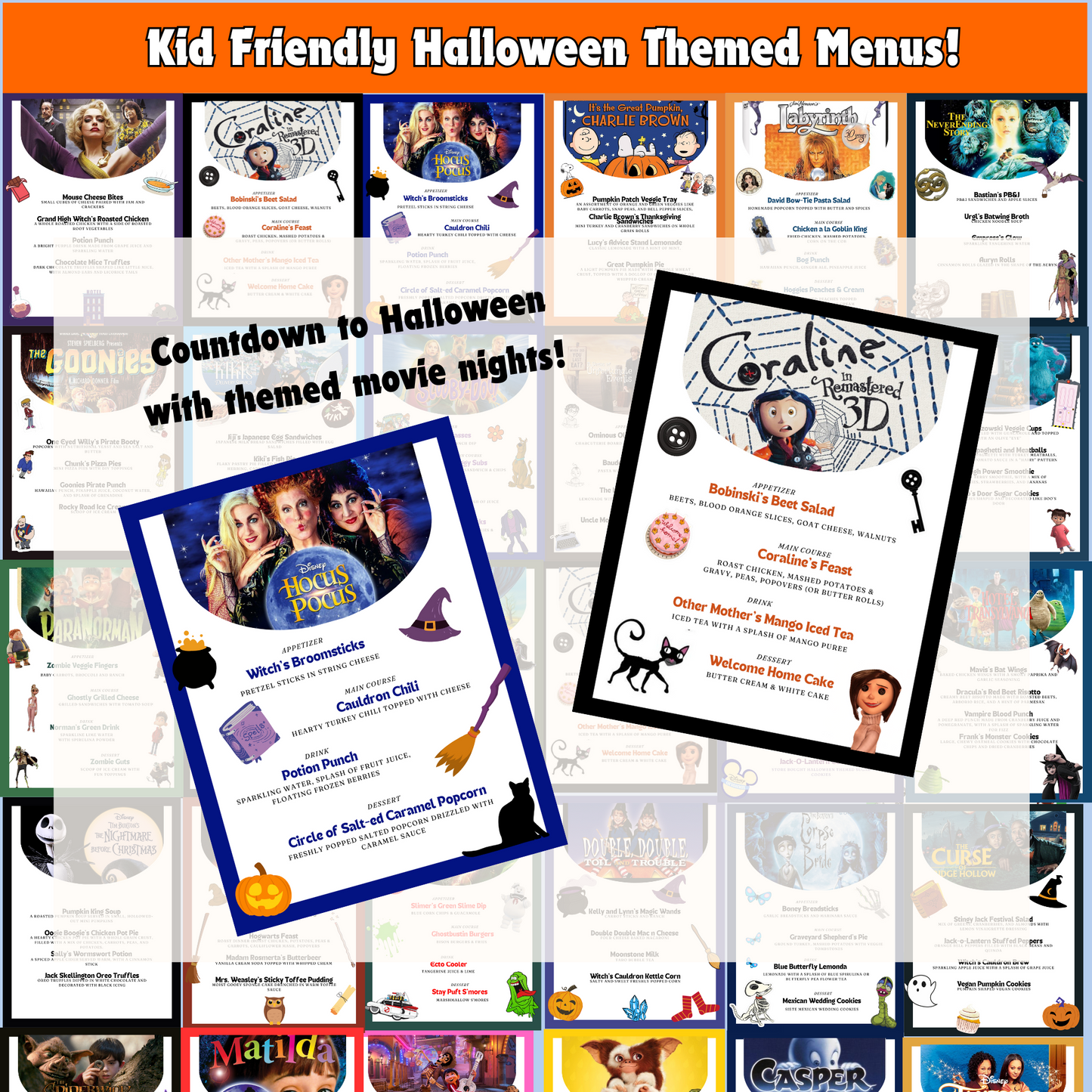 Halloween Dinner and a Movie Night Menus & Tickets, 30+ Halloween Movie Night Ideas for Family Movie Night, Kid Friendly Editable Menus