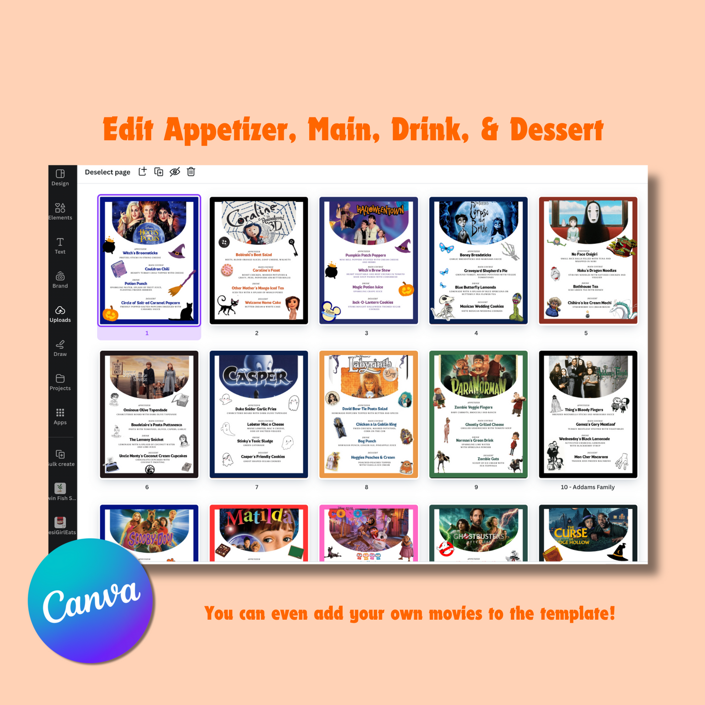 Halloween Dinner and a Movie Night Menus & Tickets, 30+ Halloween Movie Night Ideas for Family Movie Night, Kid Friendly Editable Menus