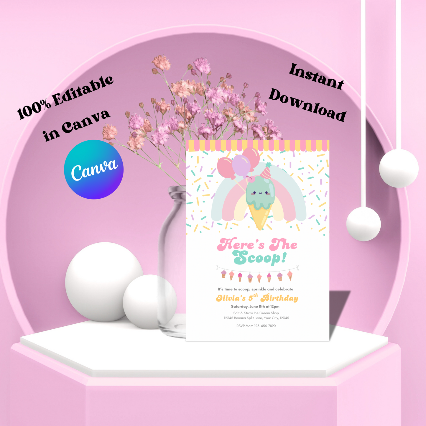 Ice Cream Birthday Invitation, Editable Summer Birthday Sweet Invite, Here's the Scoop Cone Printable Digital Template, Instant Download