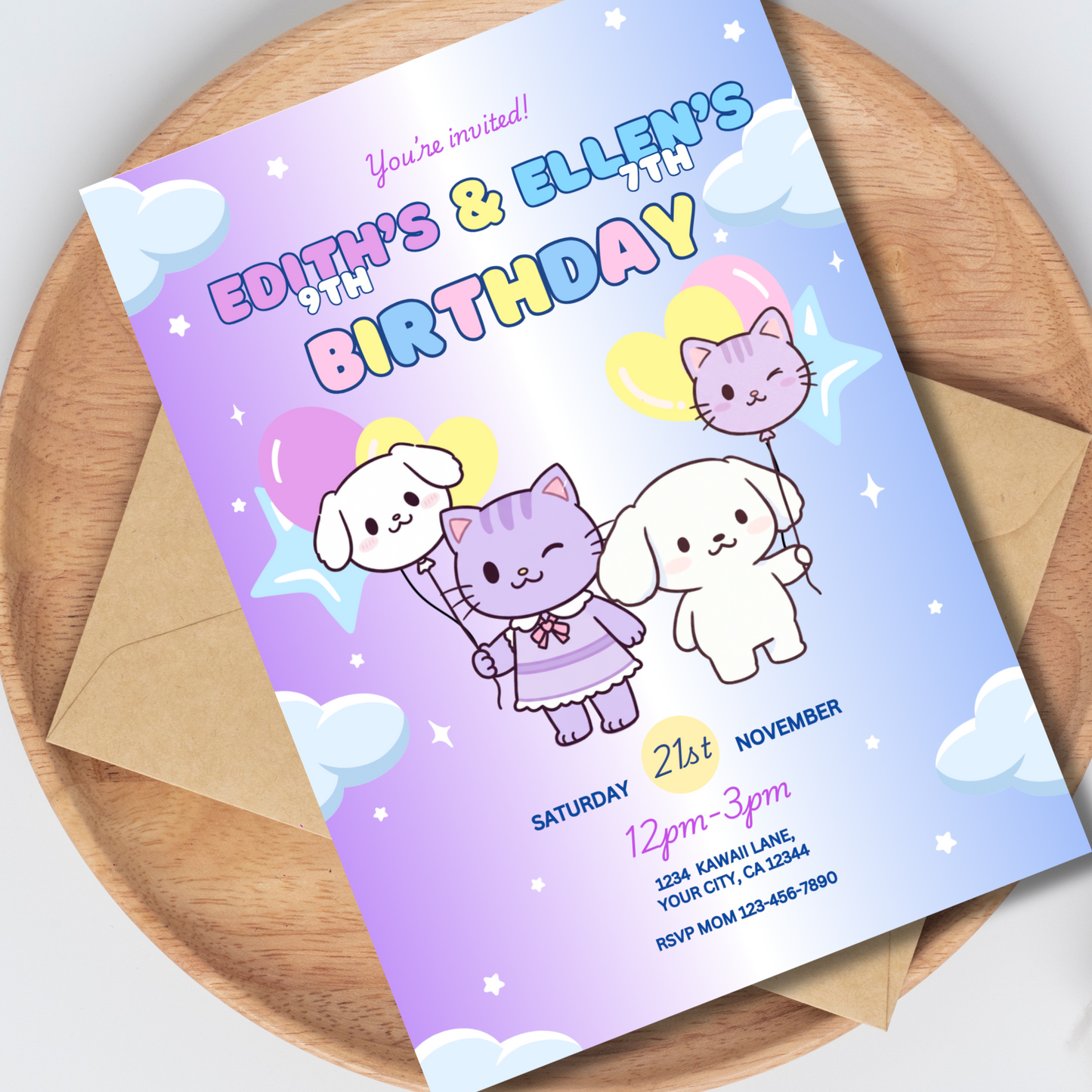 Duo Birthday Invite Editable, Kawaii Sibling Invitation, 5x7 Hand Drawn
