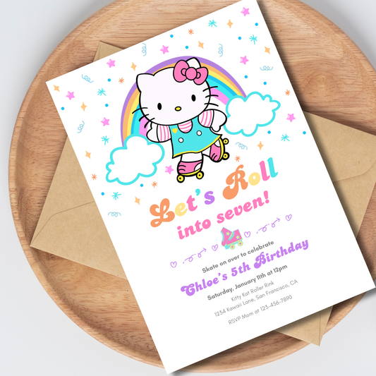 Hello Kitty Let's Roll Roller Skating Birthday Invite Editable | 5x7 | Instant Download