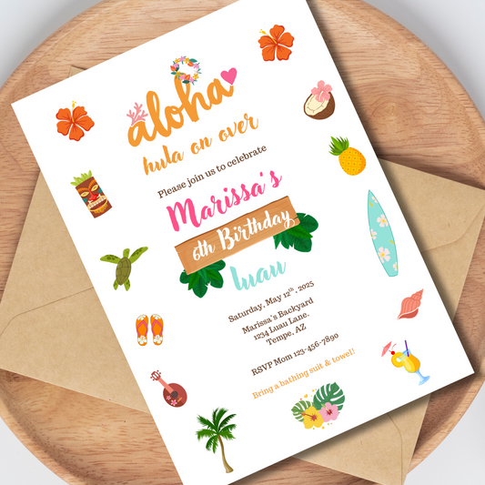 Aloha Luau Birthday Invitation Editable Template, Tropical Luau Birthday Invitation, Hawaiian Themed Party Invite 5x7