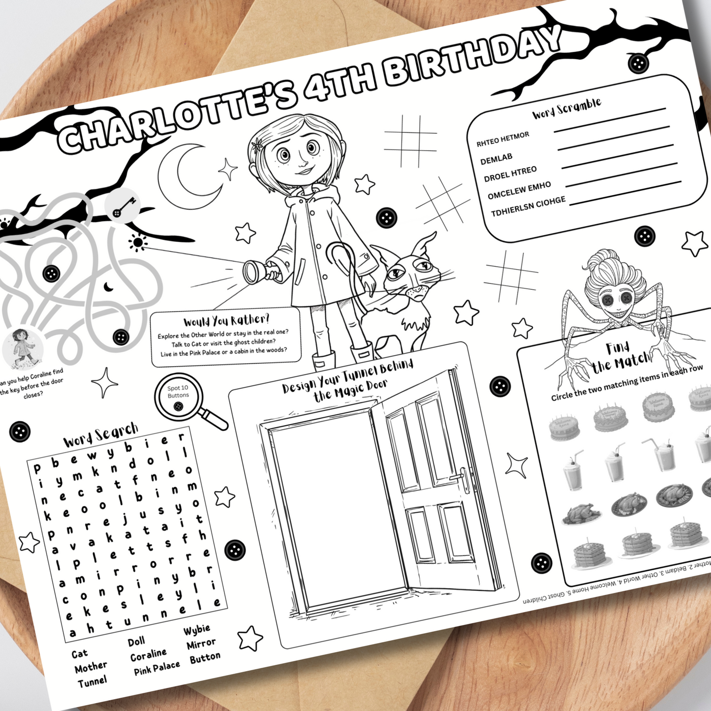 Coraline Editable Activity Placemat Template Black & White