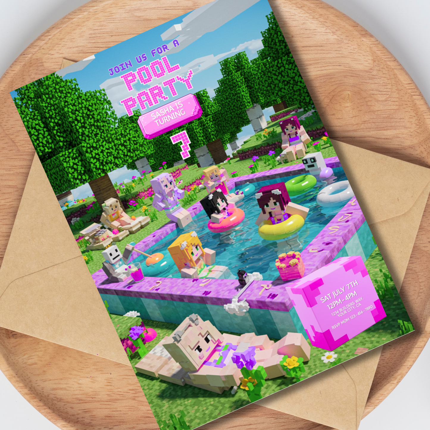 Pixel Pool Party Editable Invitation Template - Minecraft-Inspired Pink Pool Party Invite 5x7, Instant Download