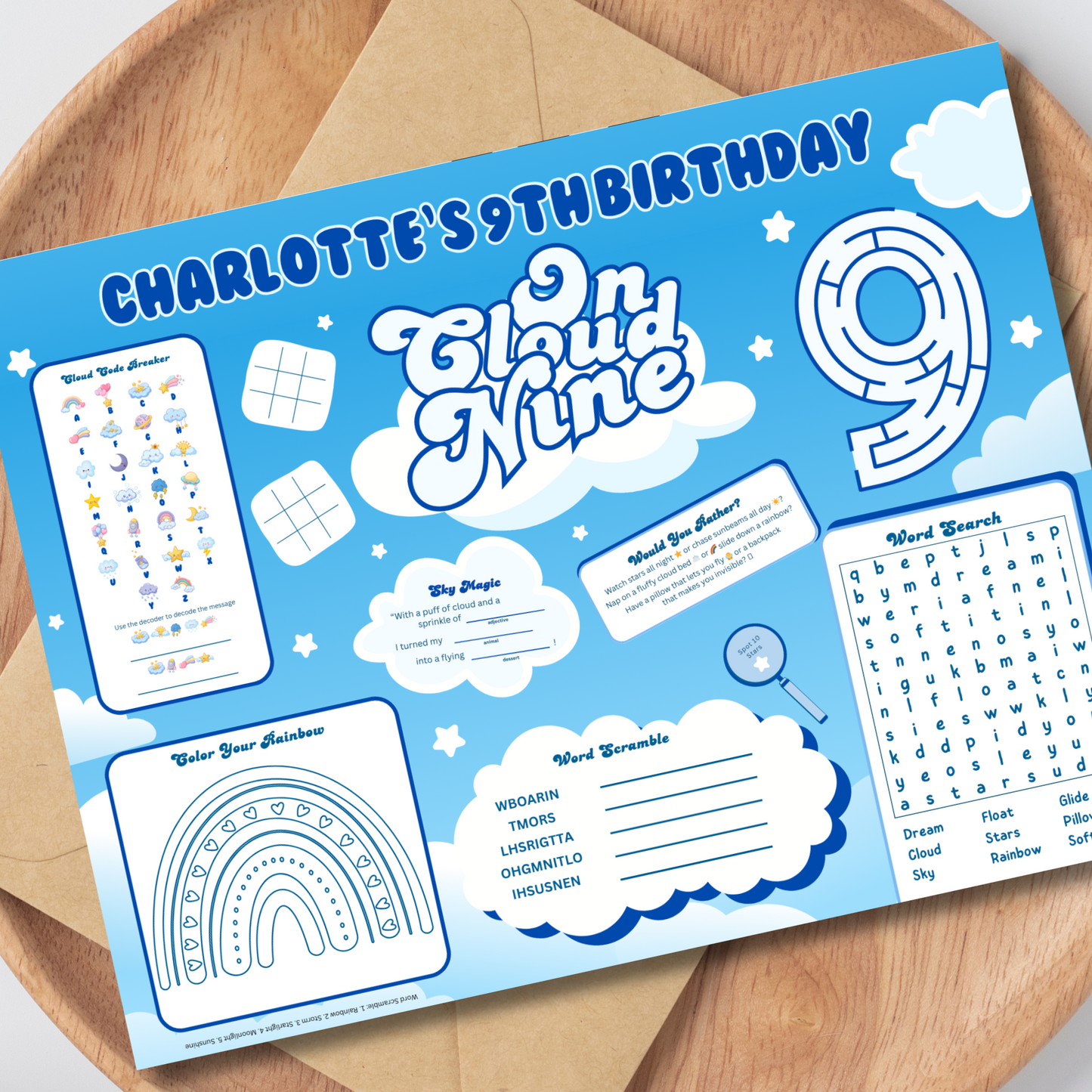 Cloud 9 Birthday Activity Placemat, Editable Cloud 9 Girls Activity Sheet Template, Digital Download In Color