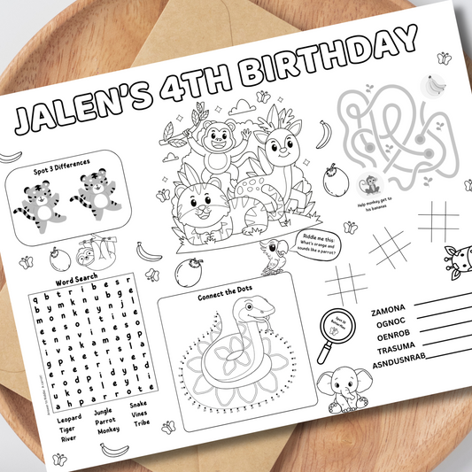 Jungle Editable Activity Placemat, Wild Animals Safari Birthday Party Activity Page Template, Kids Placemat Black & White