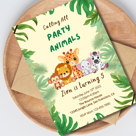 Jungle Animal Birthday Invitation, Editable Safari Party Invite, Wild One Animal Theme Kids Birthday, Party Animals Invite Instant Download