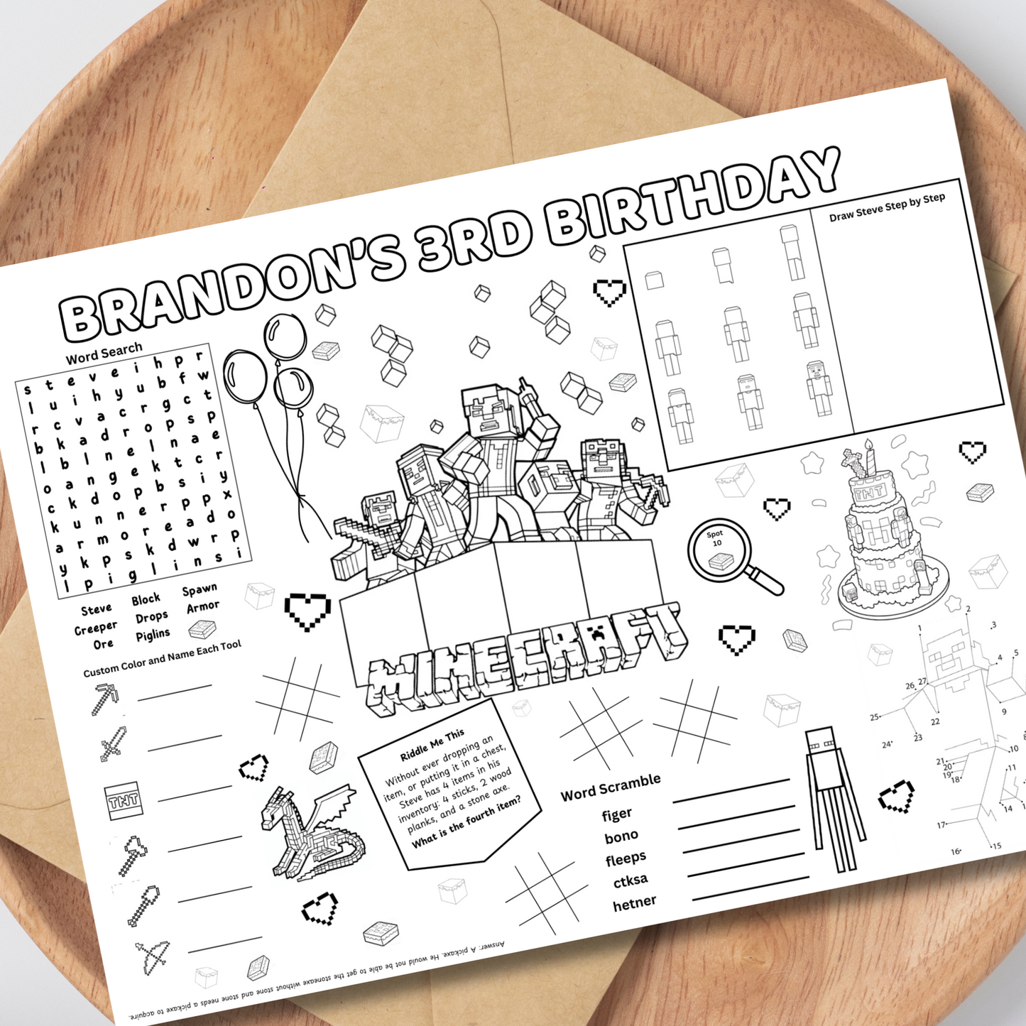 Minecraft Birthday Activity Page Placemat Editable Parody Black & White