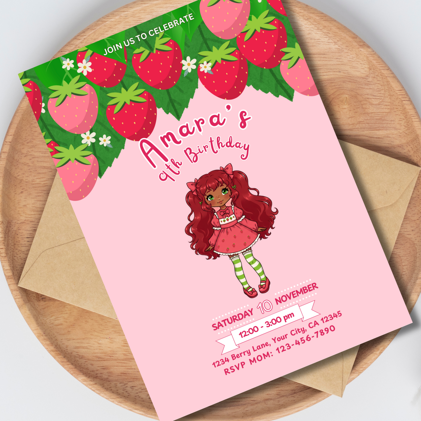 Sweet Berry Princess Editable Birthday Invitation, Kawaii Berry Dirndl Girl Invitation, Instant Download 5x7