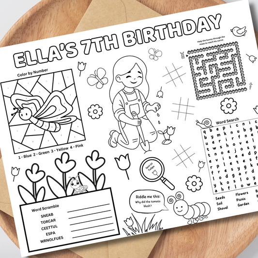 Garden Editable Activity Placemat, Kids Garden Birthday Activity Page Template Black & White