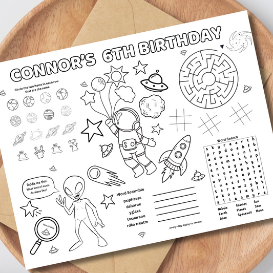 Astronaut Editable Activity Placemat, Birthday Activity Page Template Black and White