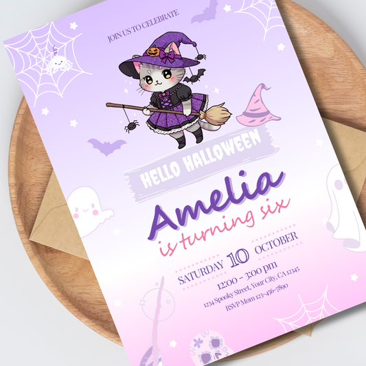 Halloween Kitty Birthday Invitation, Kawaii Witch Kitty Party Invite, Editable Template, Spooky Cute Kids Halloween Birthday, 5x7
