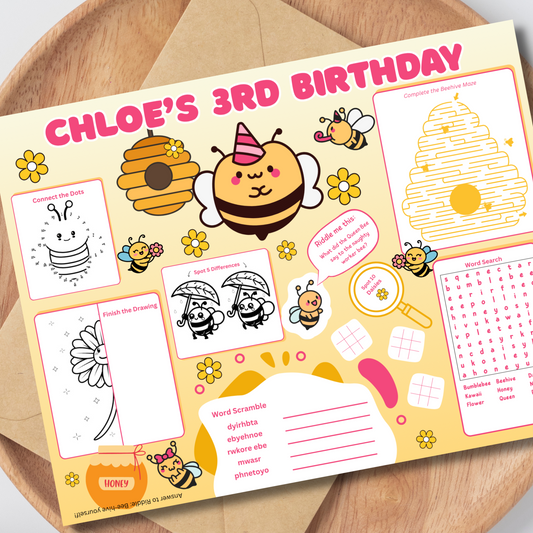 Bee Editable Activity Placemat, Honey Bee Birthday Activity Page Template in Color
