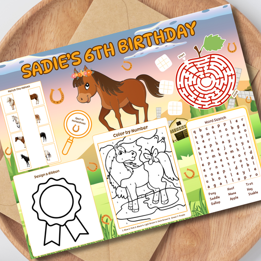 Horse Birthday Activity Placemat, Editable Pony Activity Sheet Template, Farm and Pony Games, Digital Download In Color