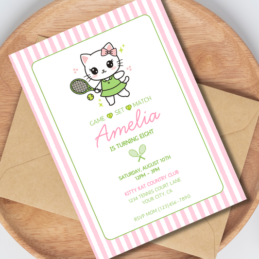 Cat Tennis Editable Birthday Invitation, Kawaii Kitty Tennis Invitation, Preppy Pink & Green Invite, Instant Download 5x7