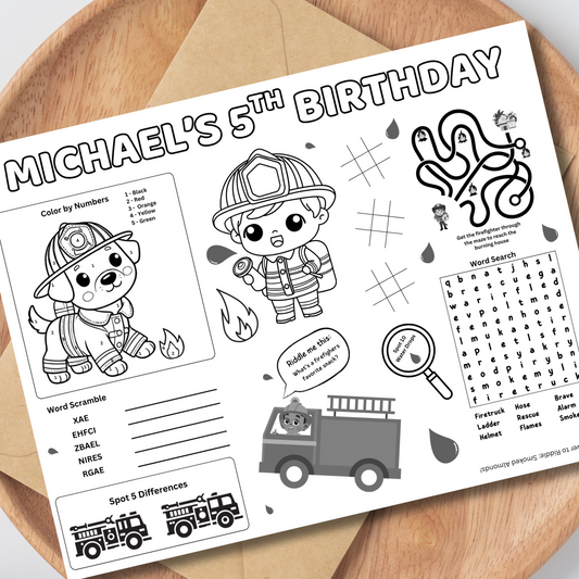Firefighter Editable Activity Placemat, Kids Firefighter Birthday Activity Page Template Black & White